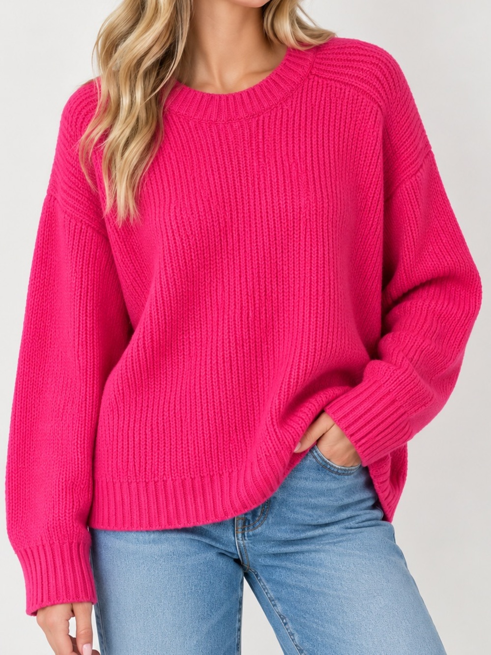 Zara Hot Pink Chunky Knit Oversized Crewneck Sweater Long Sleeve Pullover. Sz M